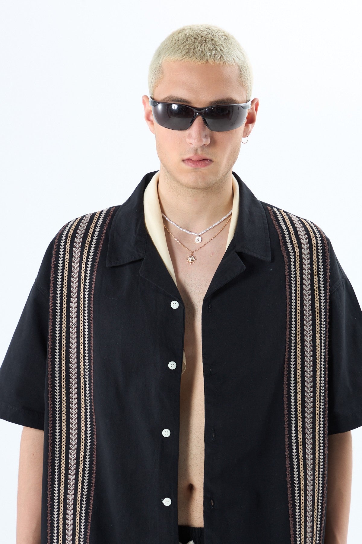 Oversized Short-Sleeve Linen Shirt with Embroidery Details and No Pockets