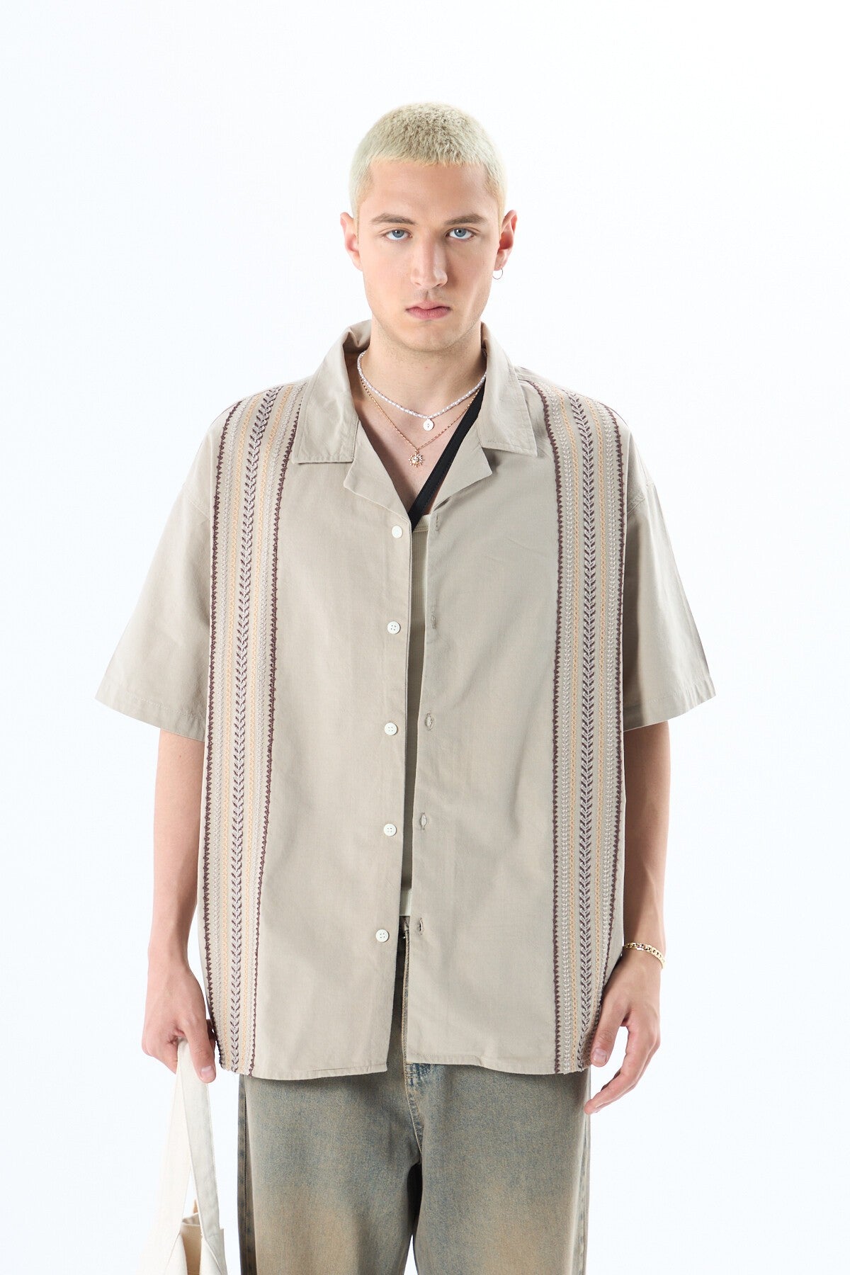 Oversized Short-Sleeve Linen Shirt with Embroidery Details and No Pockets