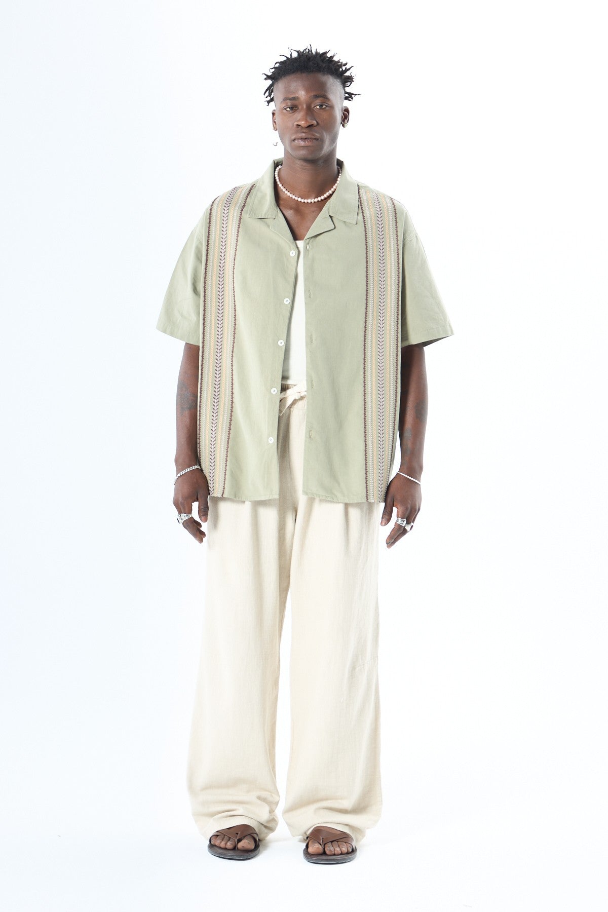 Oversized Short-Sleeve Linen Shirt with Embroidery Details and No Pockets