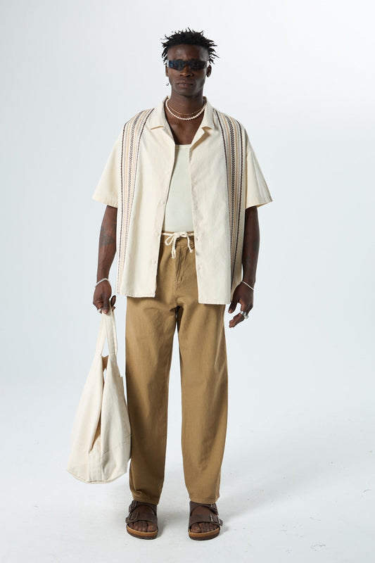 Oversized Short-Sleeve Linen Shirt with Embroidery Details and No Pockets
