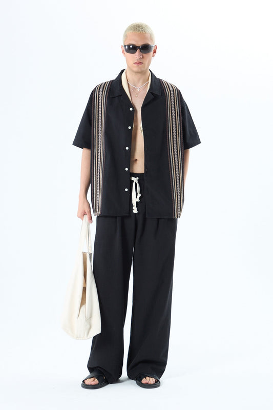 Oversized Short-Sleeve Linen Shirt with Embroidery Details and No Pockets