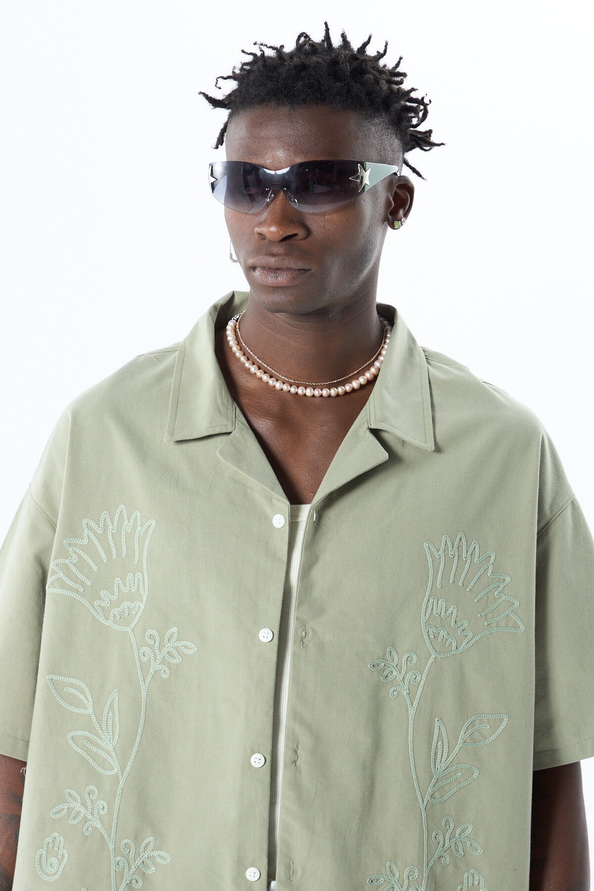 Short-Sleeved Oversized Linen Shirt with Embroidered Details