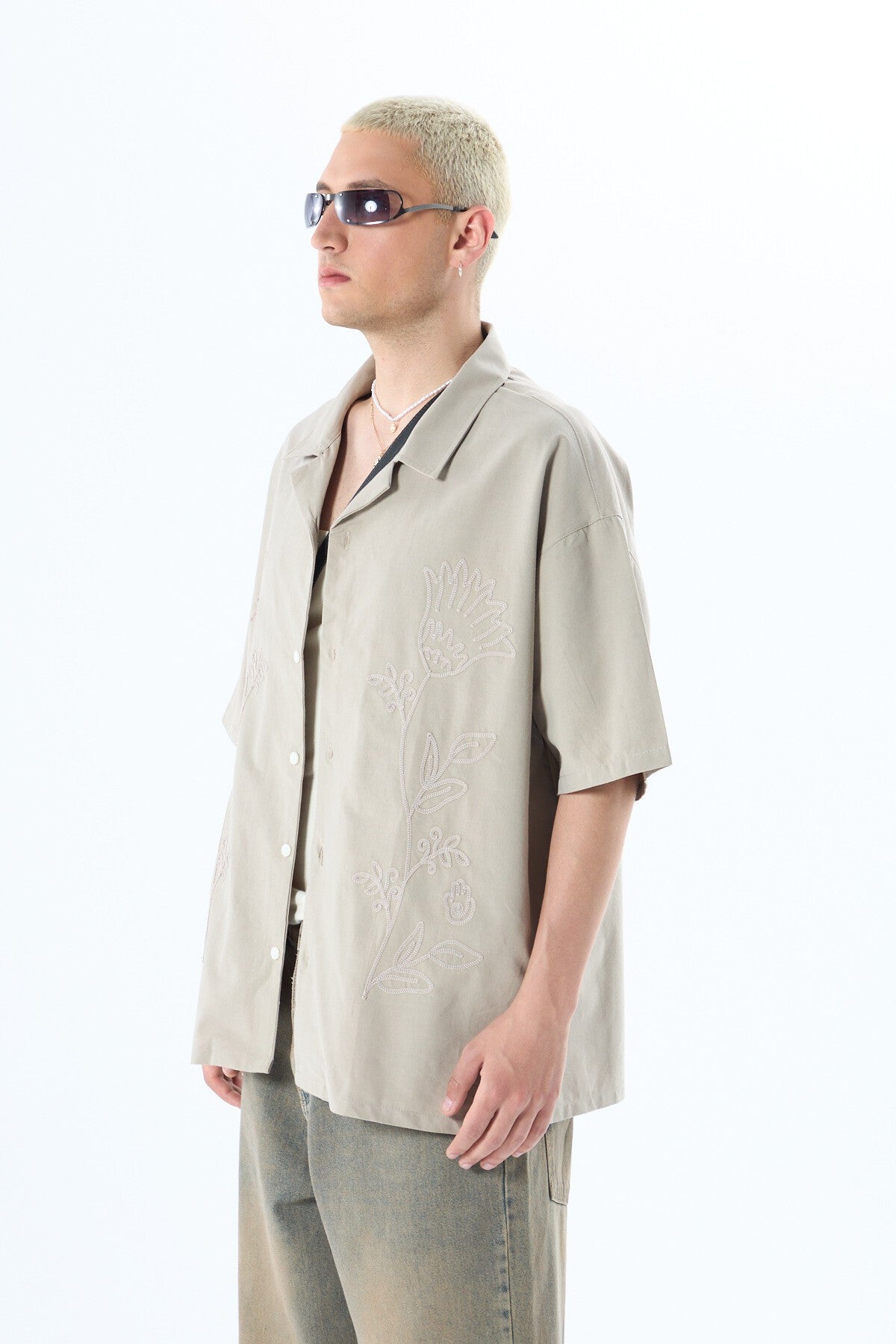 Short-Sleeved Oversized Linen Shirt with Embroidered Details