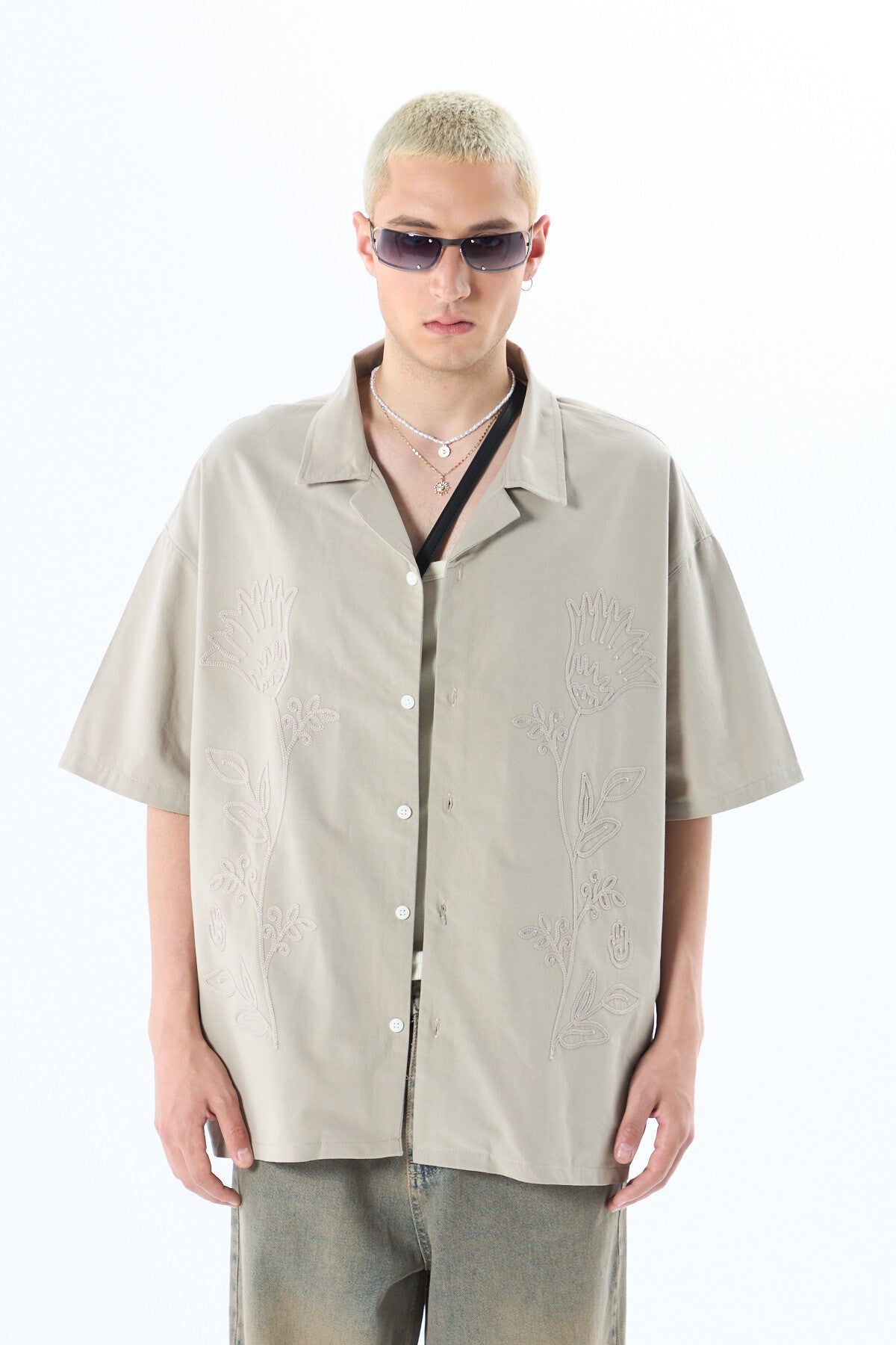Short-Sleeved Oversized Linen Shirt with Embroidered Details