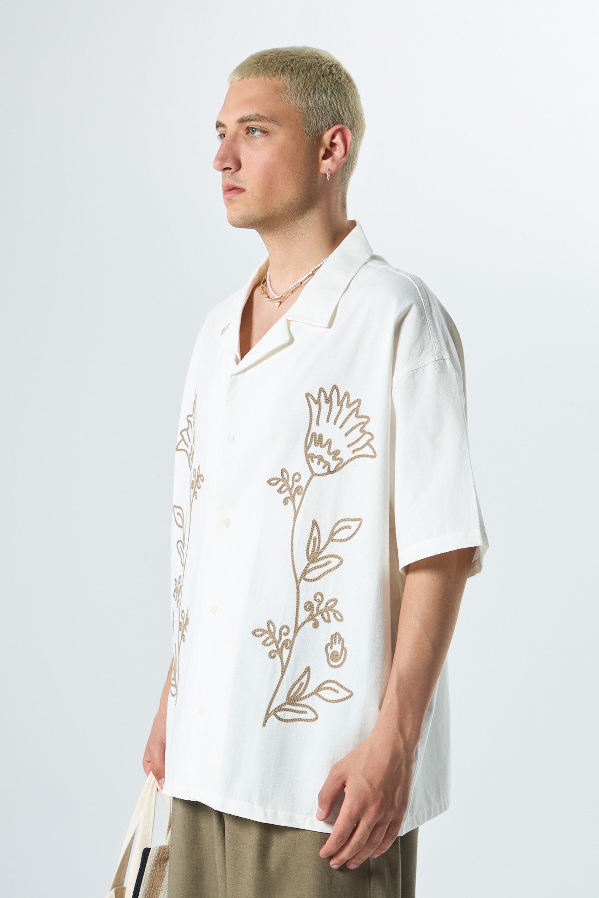 Short-Sleeved Oversized Linen Shirt with Embroidered Details