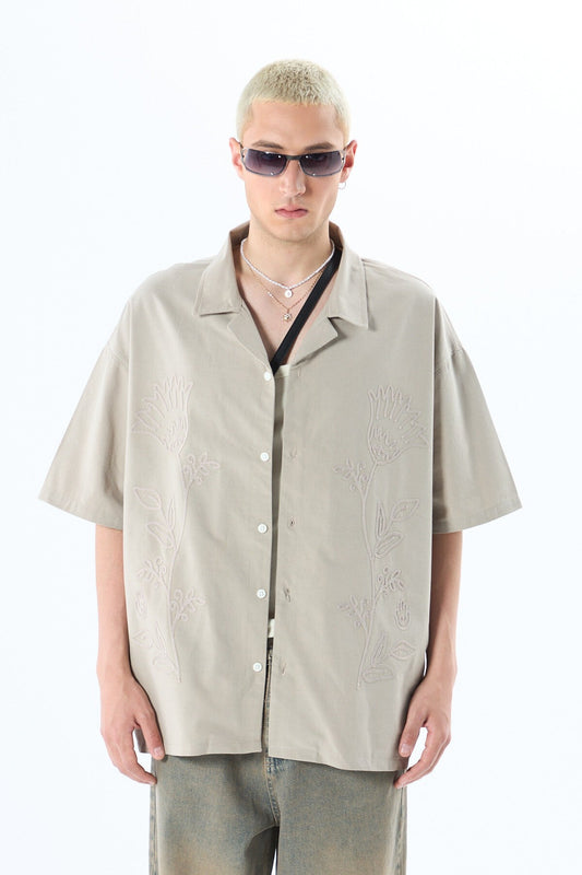 Short-Sleeved Oversized Linen Shirt with Embroidered Details