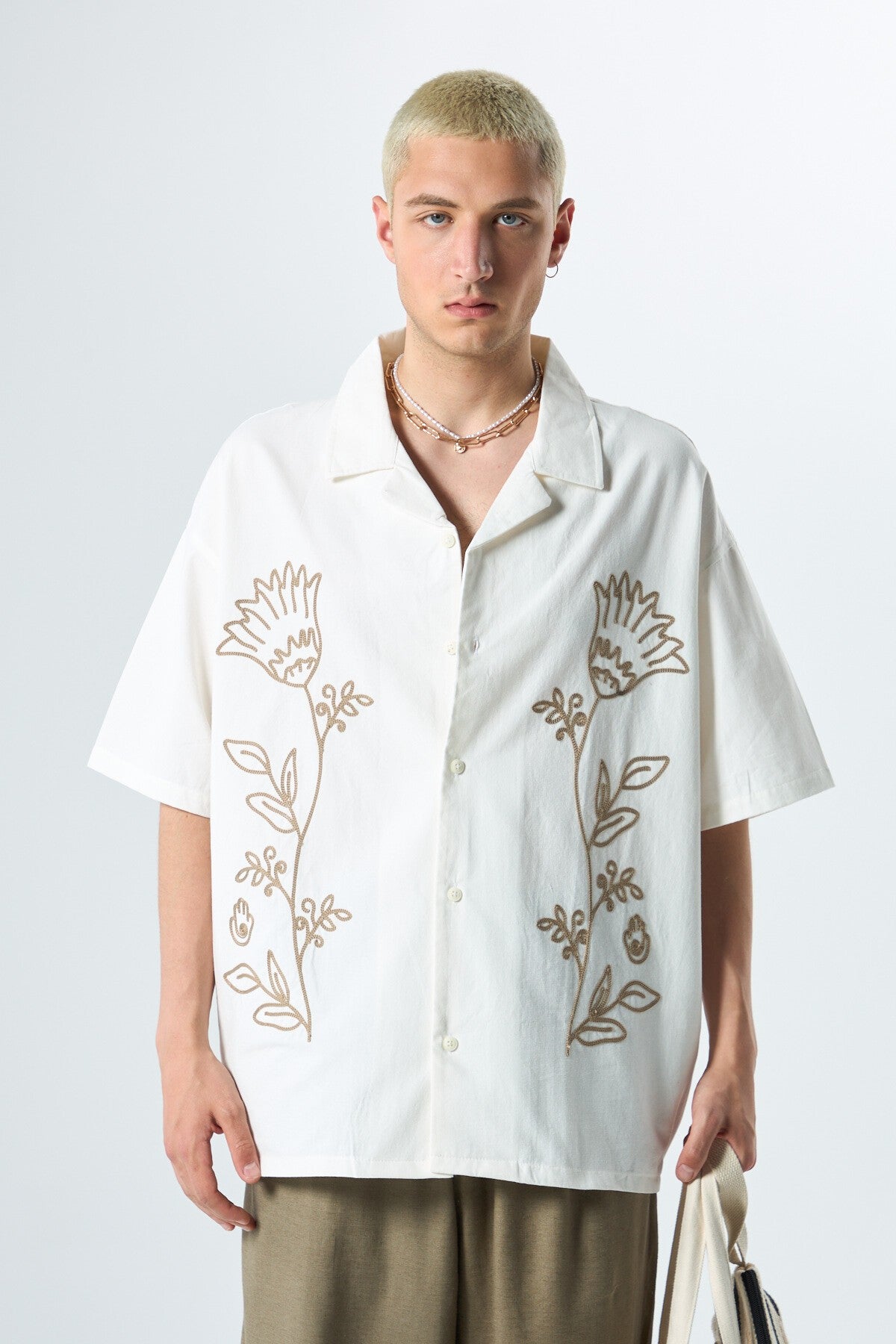 Short-Sleeved Oversized Linen Shirt with Embroidered Details