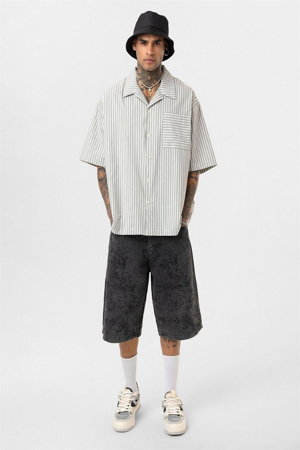 Striped Short-Sleeve Oversized Shirt