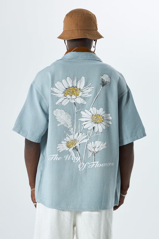 Oversized Short-Sleeve Shirt with Back Print, No Pockets, Washed Finish
