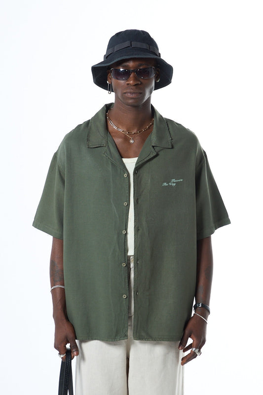 Oversized Short-Sleeve Shirt with Back Print, No Pockets, Washed Finish