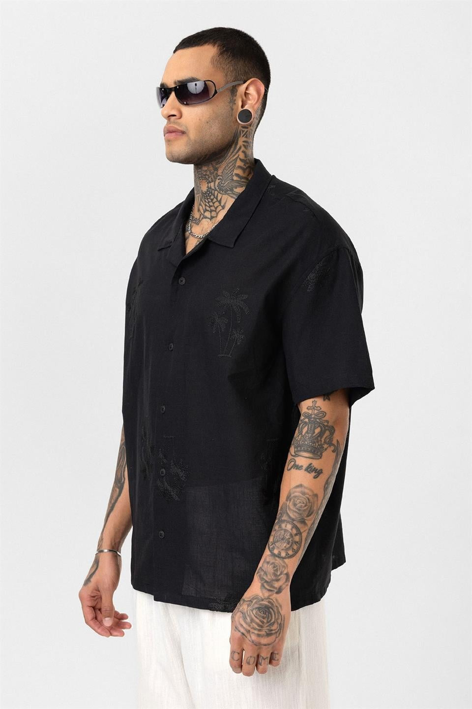 Oversized Short-Sleeve Shirt with Embroidery Details