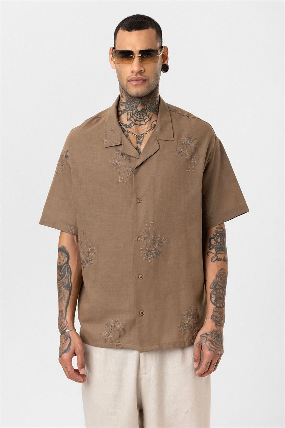 Oversized Short-Sleeve Shirt with Embroidery Details