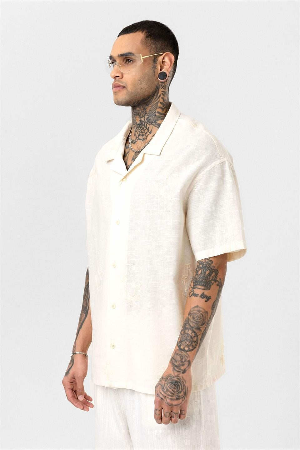 Oversized Short-Sleeve Shirt with Embroidery Details