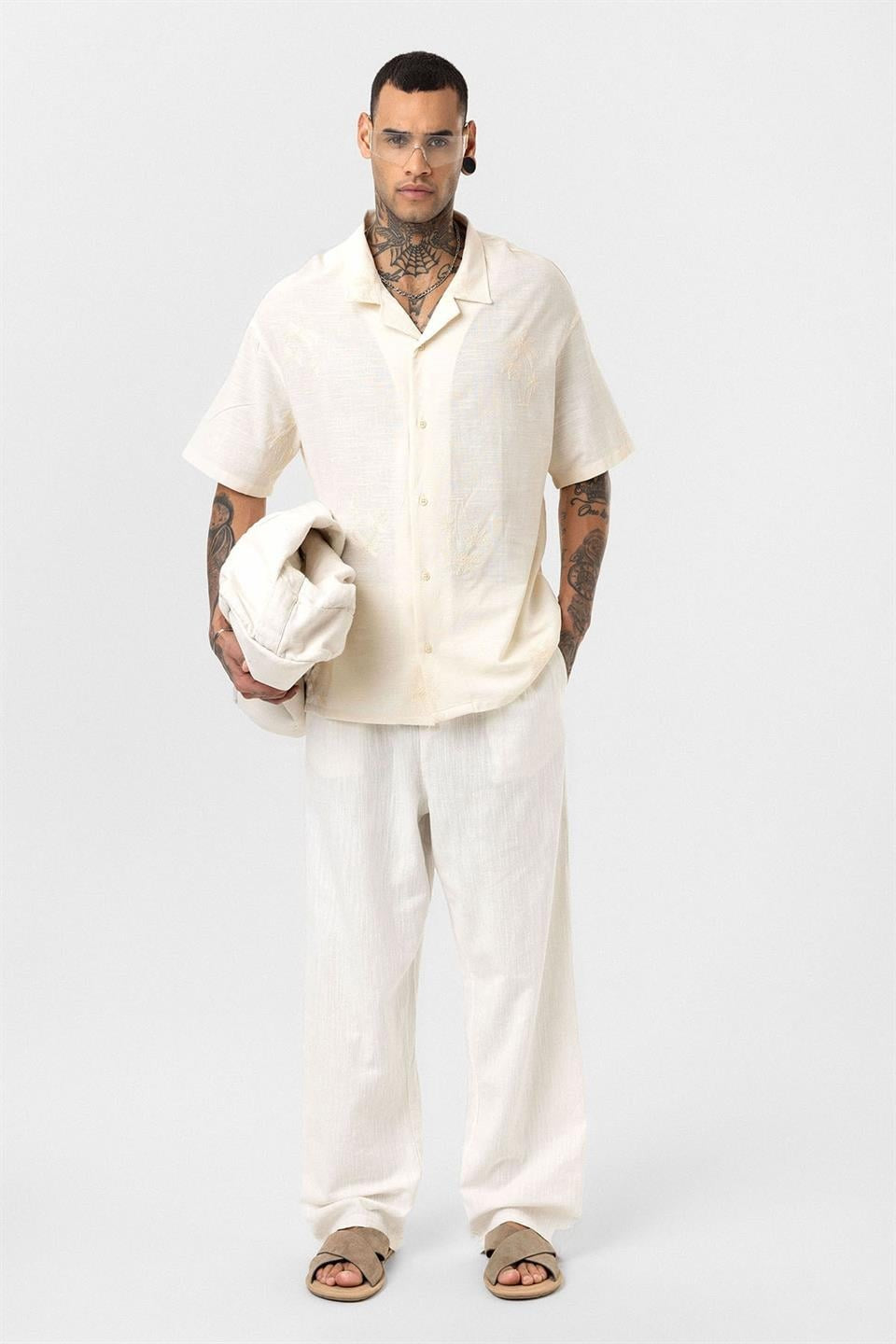Oversized Short-Sleeve Shirt with Embroidery Details