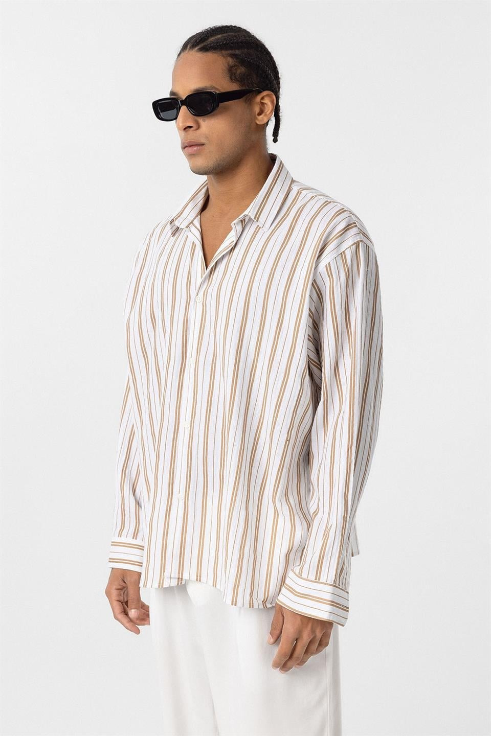 Striped Long-Sleeved Oversized Linen Shirt