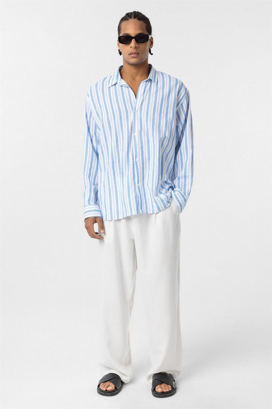 Striped Long-Sleeved Oversized Linen Shirt