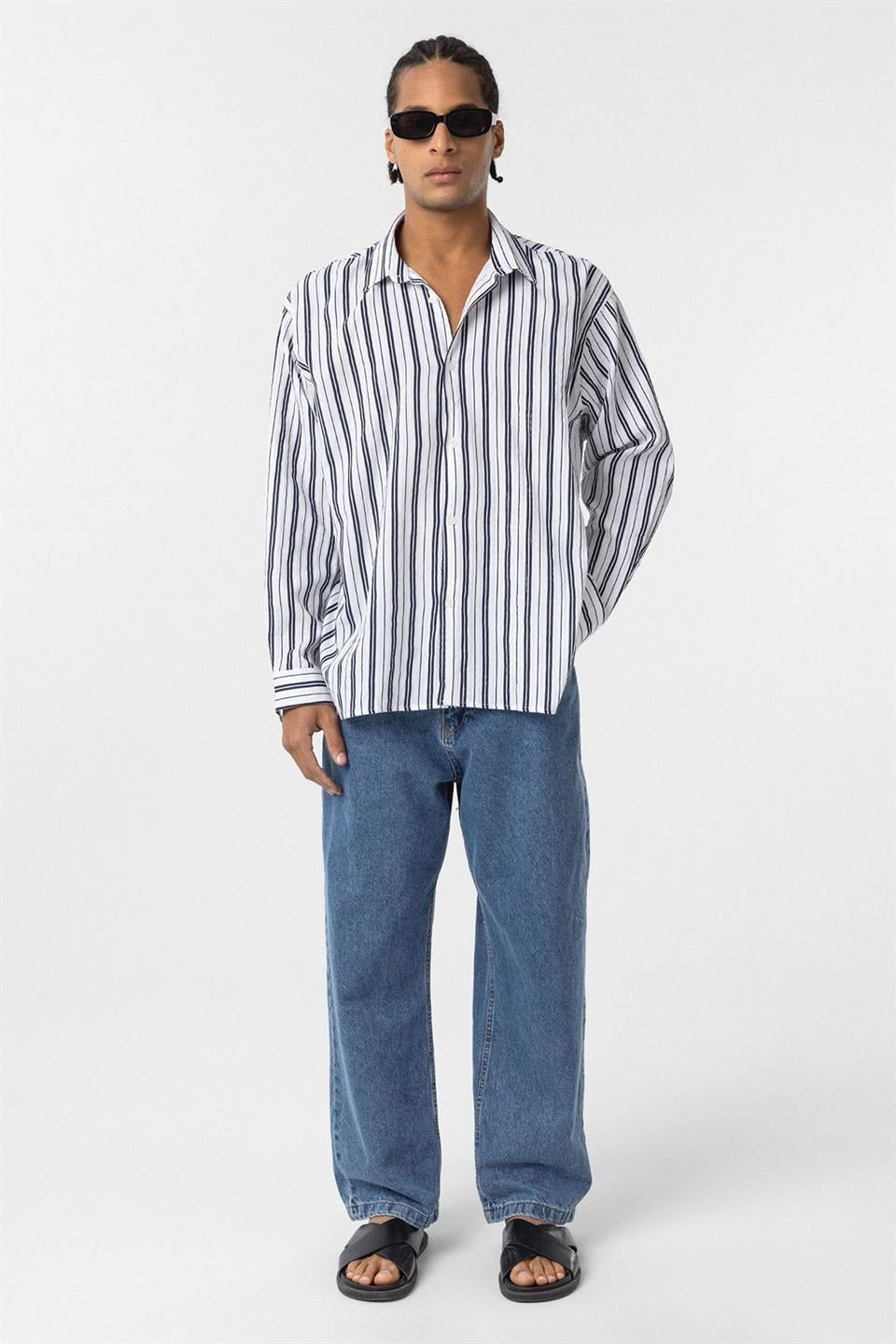 Striped Long-Sleeved Oversized Linen Shirt