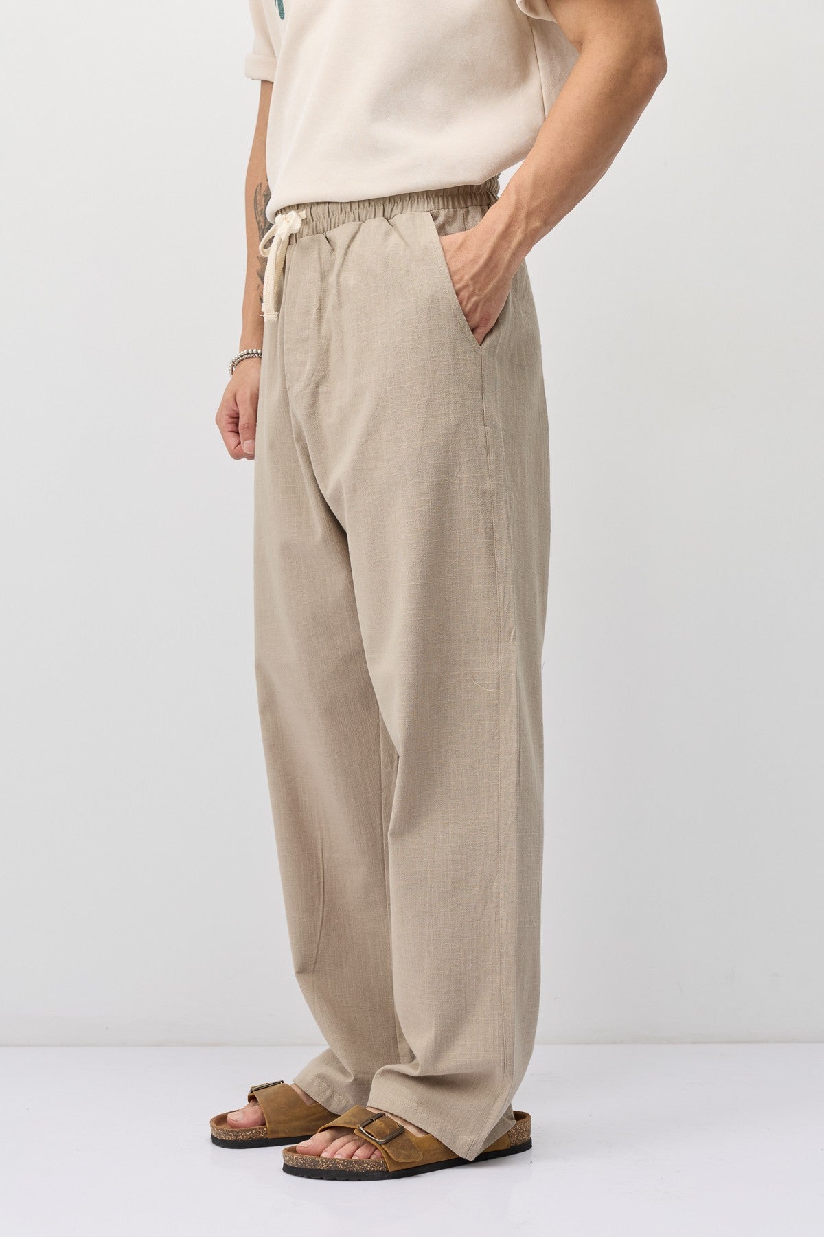 Lace-Up Baggy-Fit Linen Pants