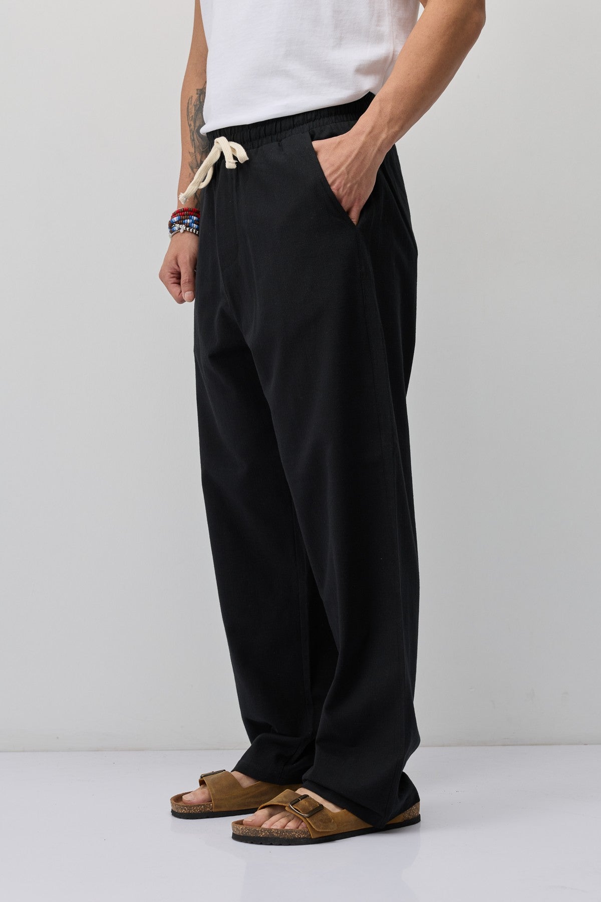 Lace-Up Baggy-Fit Linen Pants