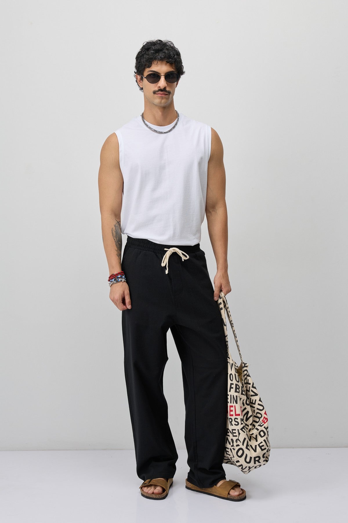 Lace-Up Baggy-Fit Linen Pants
