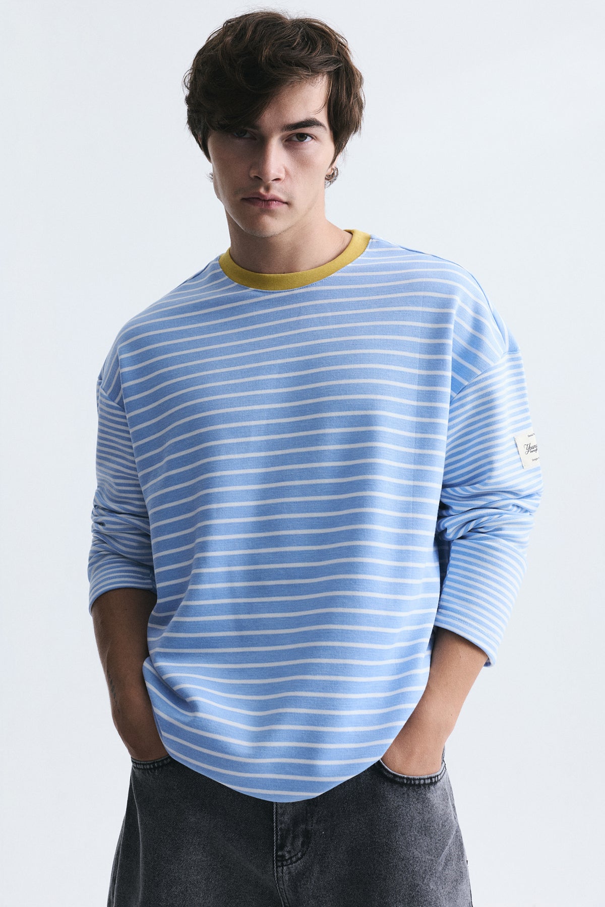 Contrast-Collar Striped Sweatshirt