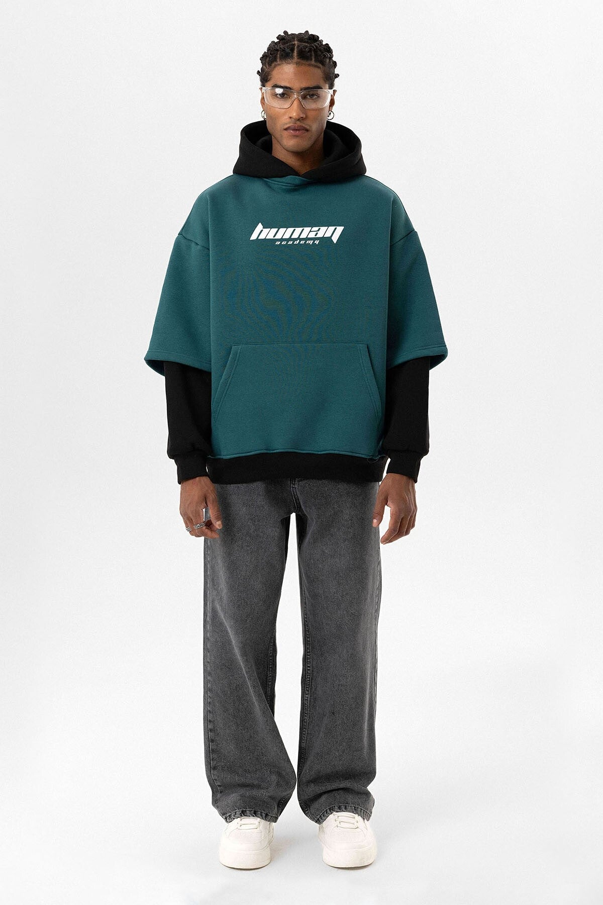 Oversized Sweatshirt with Printed Double-Sleeve Detail
