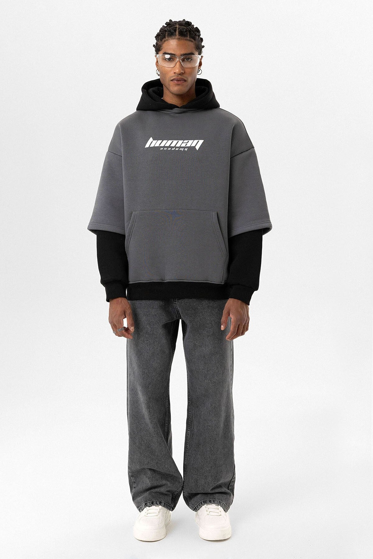 Oversized Sweatshirt with Printed Double-Sleeve Detail