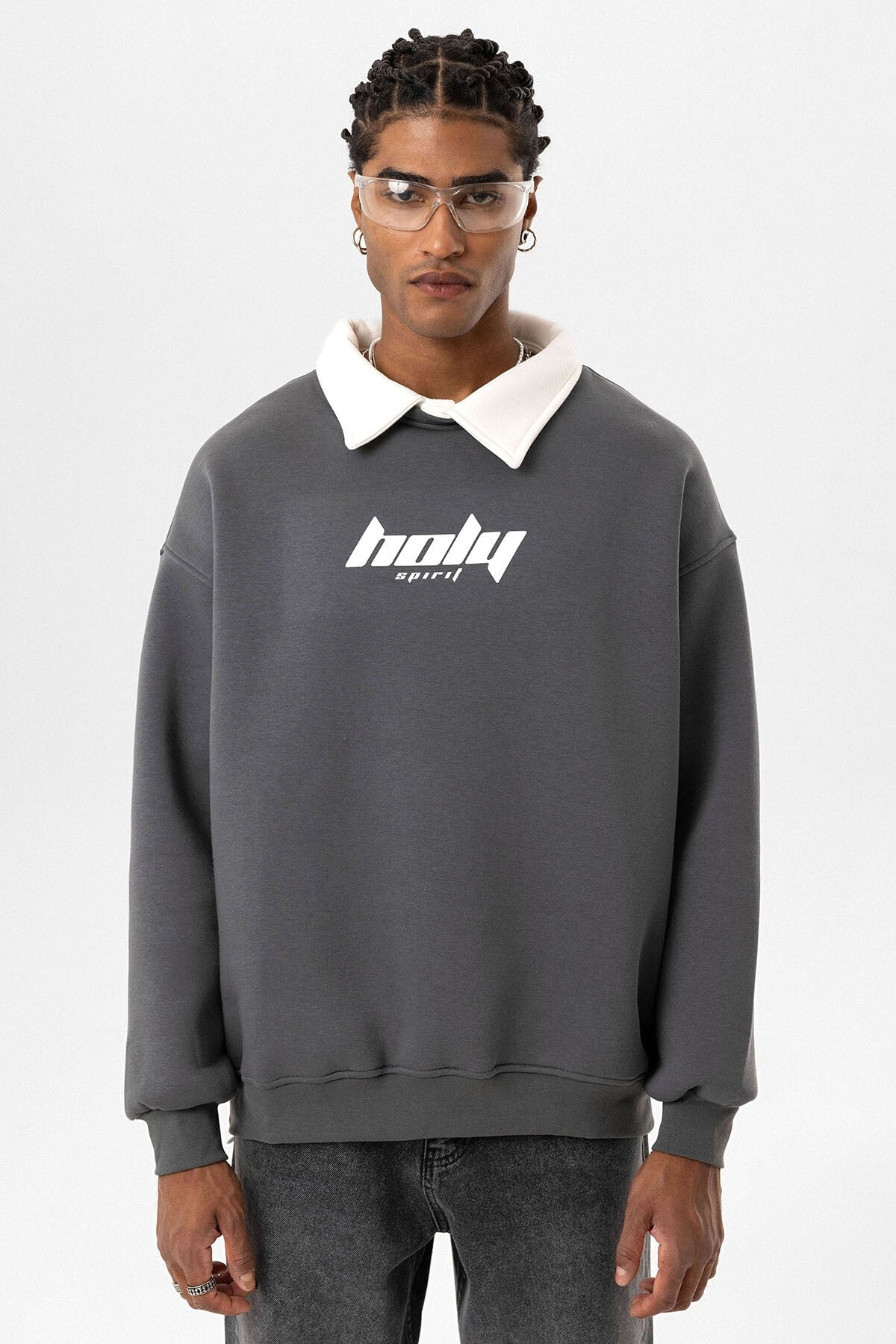 Oversized Printed Sweatshirt with a Polo Collar