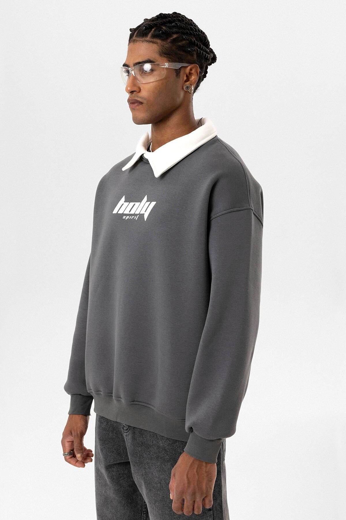 Oversized Printed Sweatshirt with a Polo Collar
