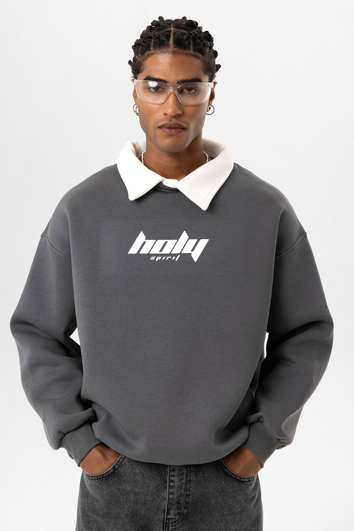 Oversized Printed Sweatshirt with a Polo Collar