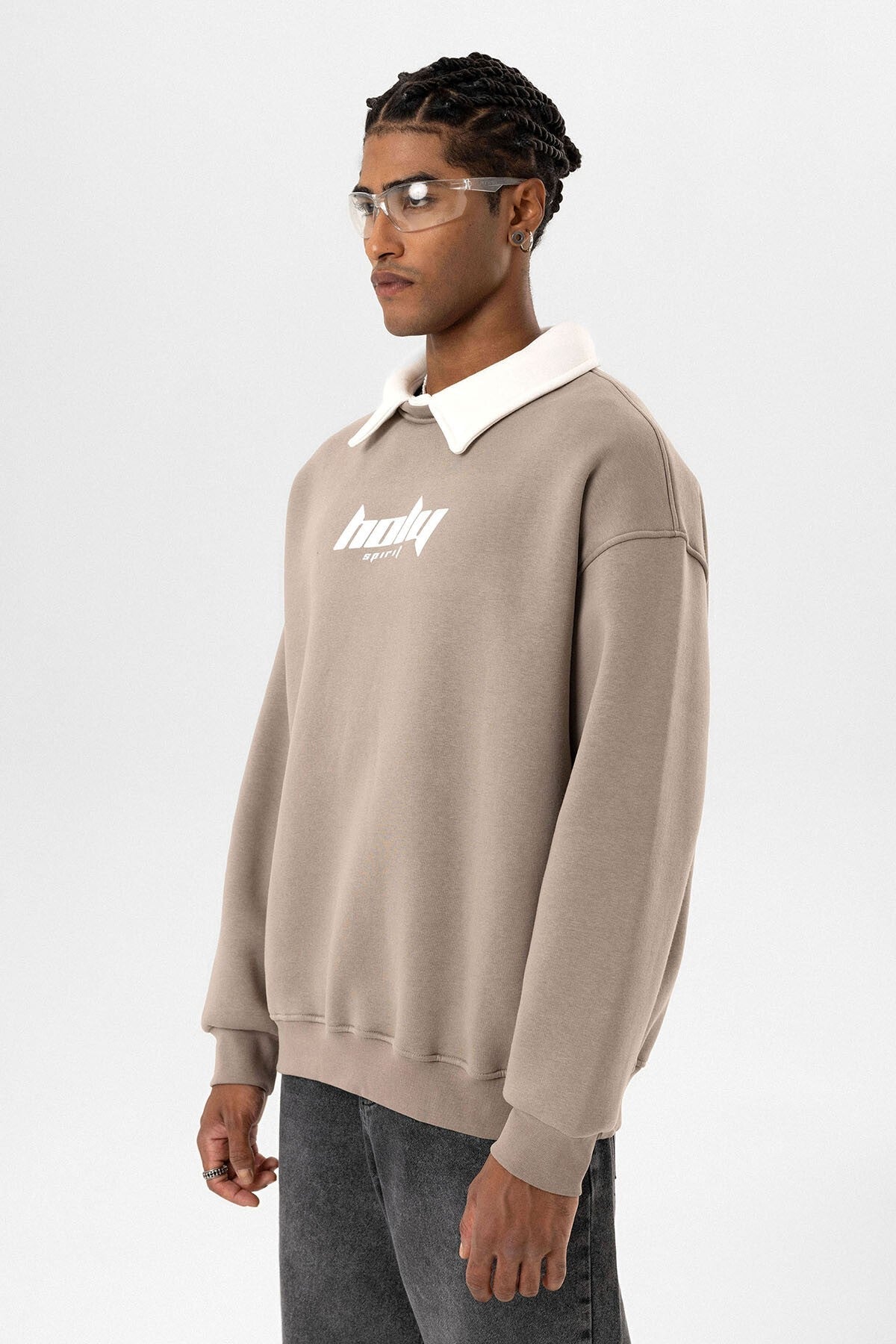 Oversized Printed Sweatshirt with a Polo Collar
