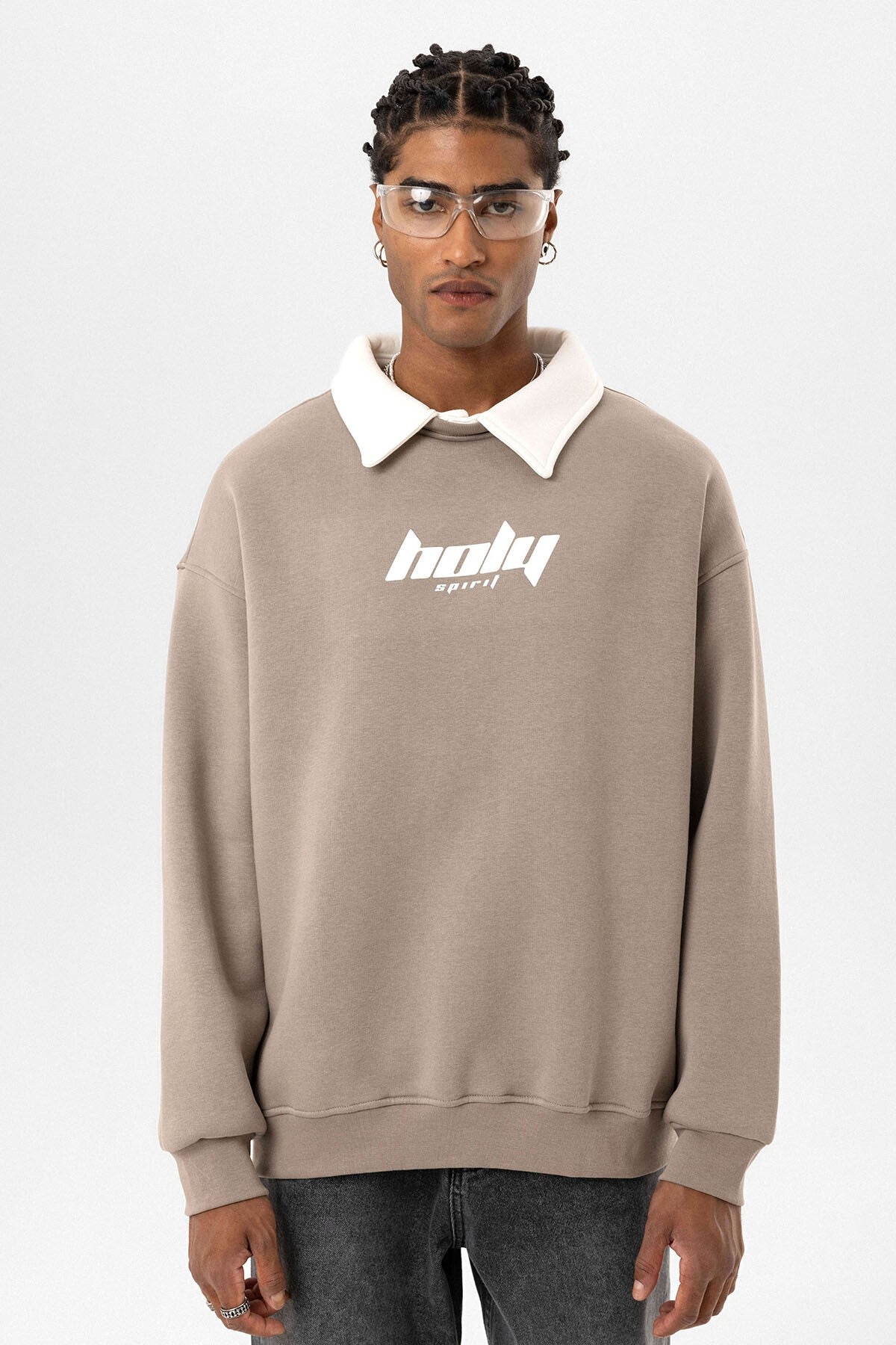 Oversized Printed Sweatshirt with a Polo Collar