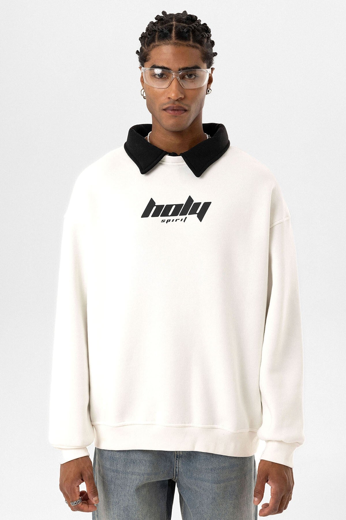 Oversized Printed Sweatshirt with a Polo Collar