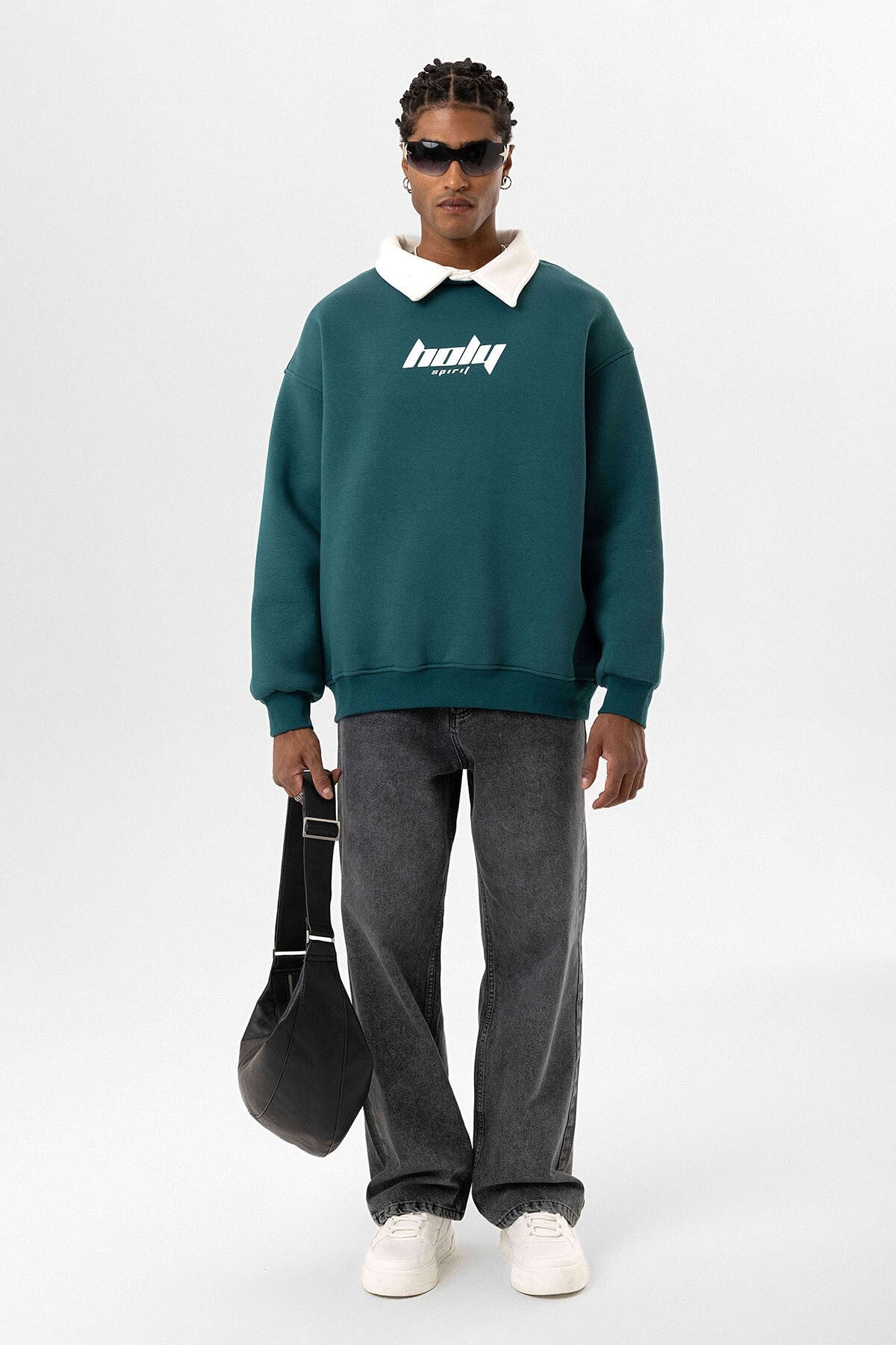 Oversized Printed Sweatshirt with a Polo Collar