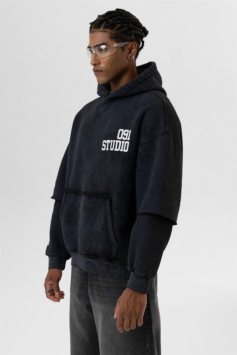 Oversized Hooded Sweatshirt with Double-Sleeve Detail (Washed)