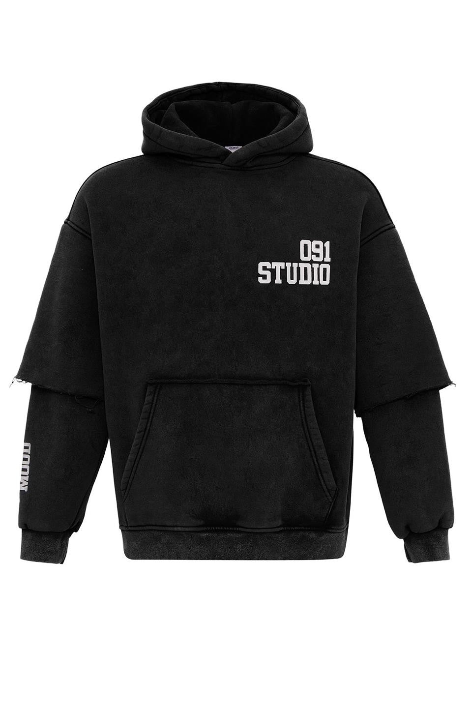 Oversized Hooded Sweatshirt with Double-Sleeve Detail (Washed)