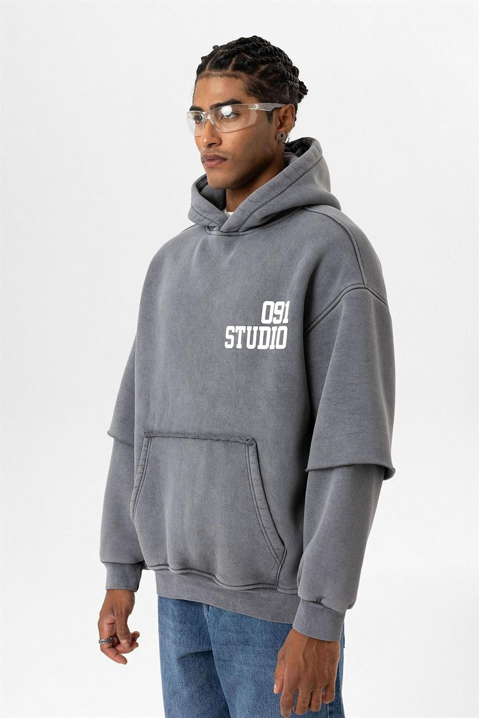 Oversized Hooded Sweatshirt with Double-Sleeve Detail (Washed)