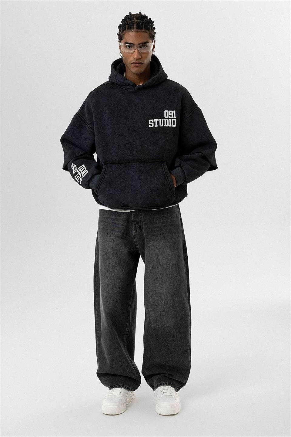 Oversized Hooded Sweatshirt with Double-Sleeve Detail (Washed)
