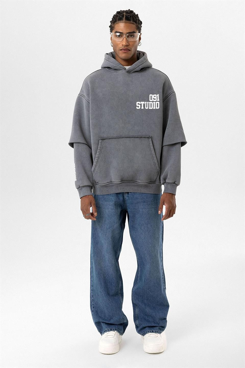 Oversized Hooded Sweatshirt with Double-Sleeve Detail (Washed)