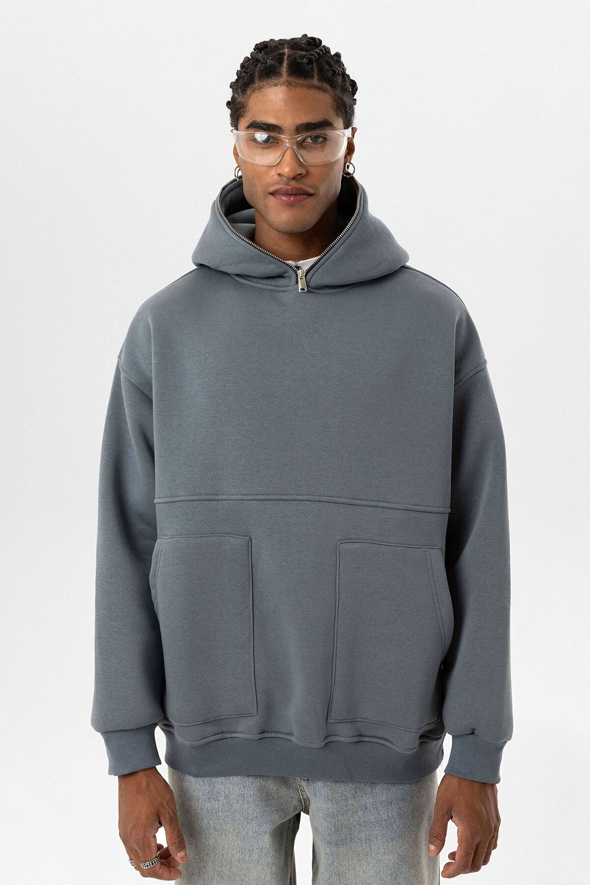 Hooded Sweatshirt with Double-Pocket Zipper Detail