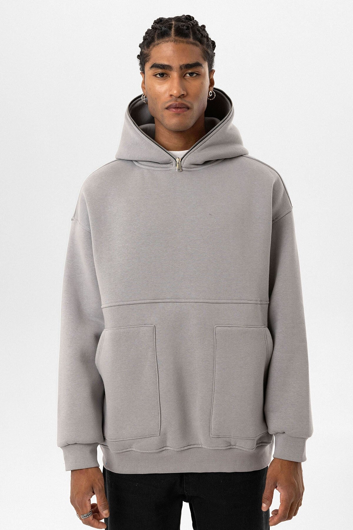 Hooded Sweatshirt with Double-Pocket Zipper Detail
