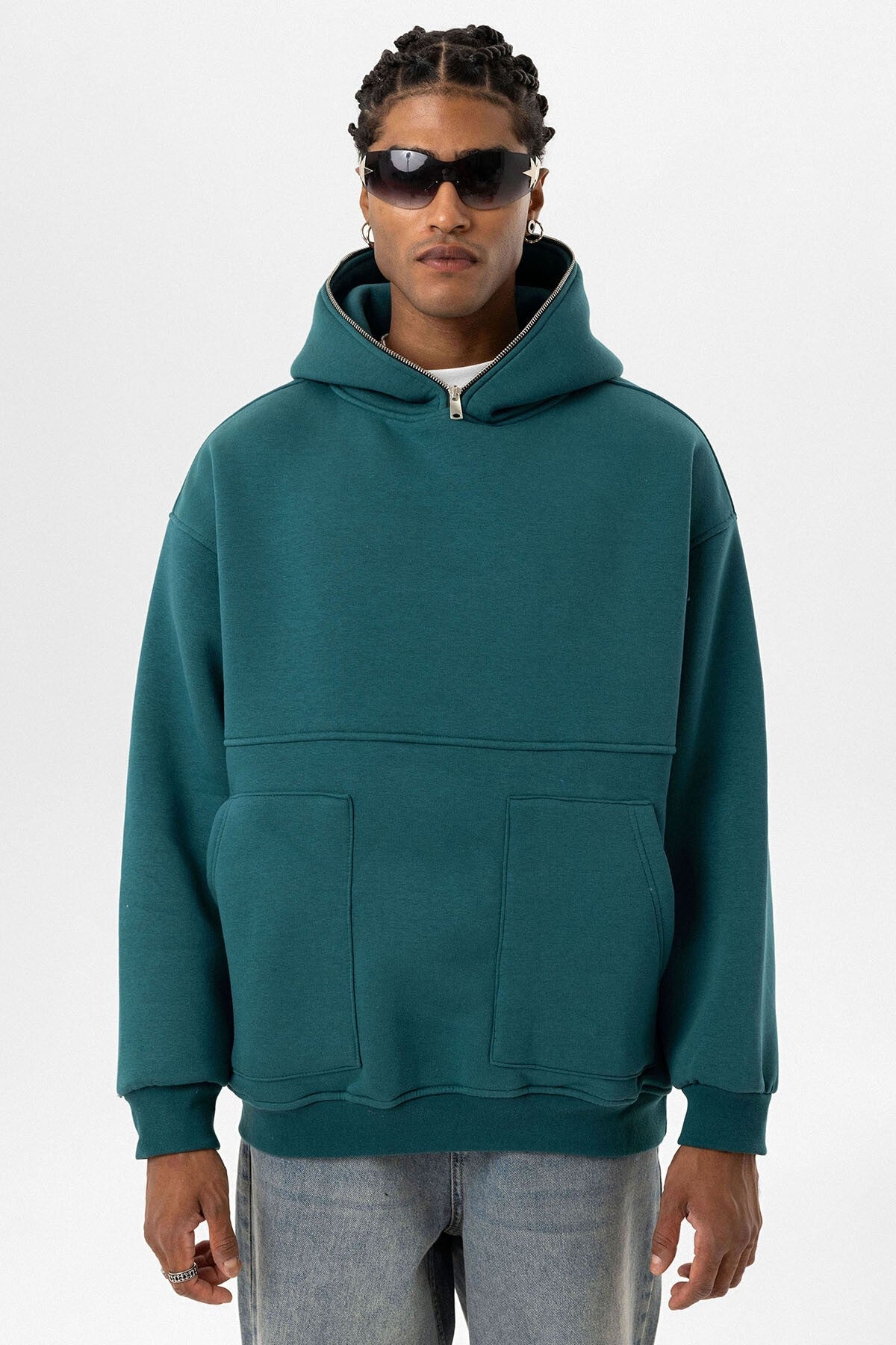 Hooded Sweatshirt with Double-Pocket Zipper Detail