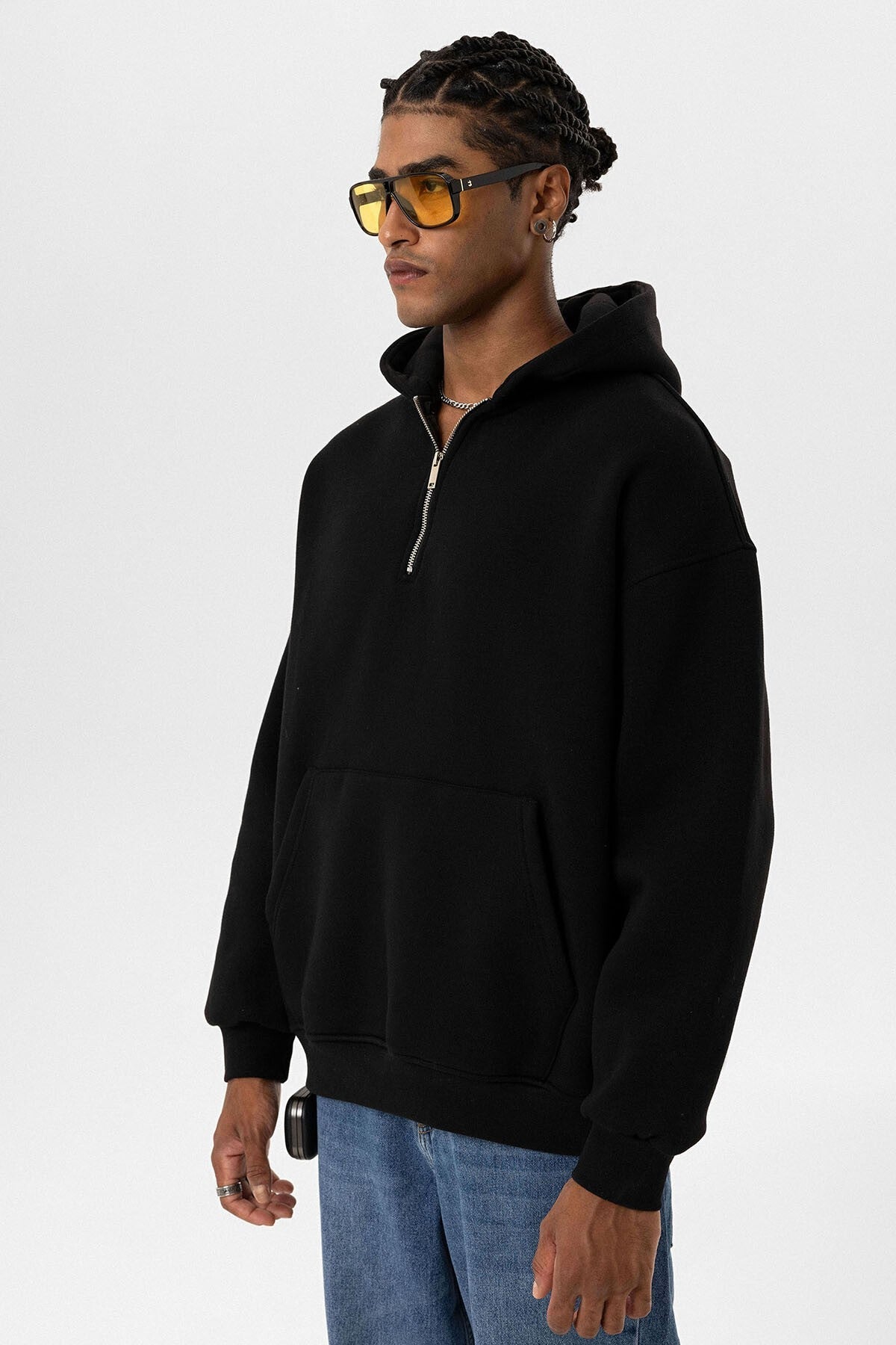 Basic Oversized Hooded Sweatshirt with Zipper Detail