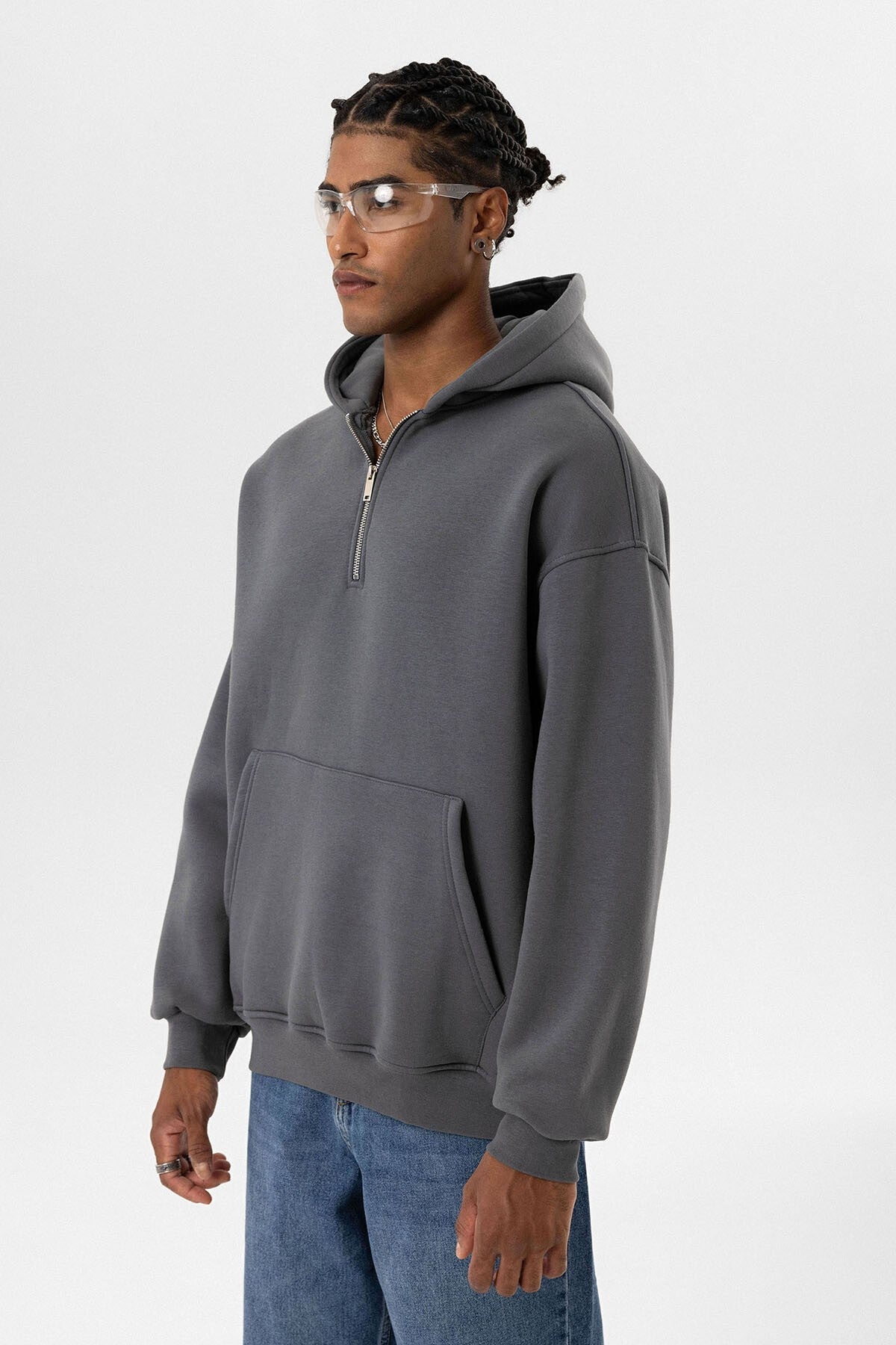Basic Oversized Hooded Sweatshirt with Zipper Detail