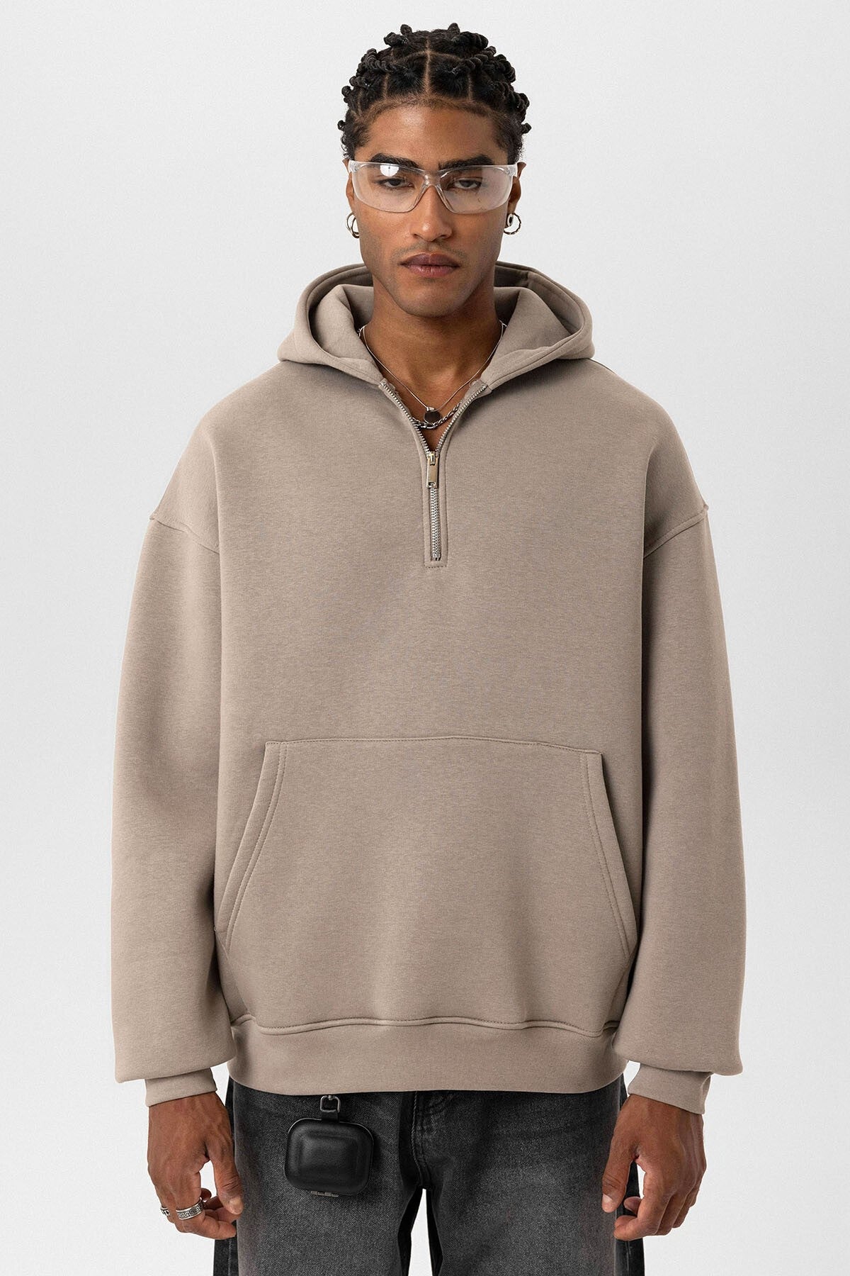Basic Oversized Hooded Sweatshirt with Zipper Detail