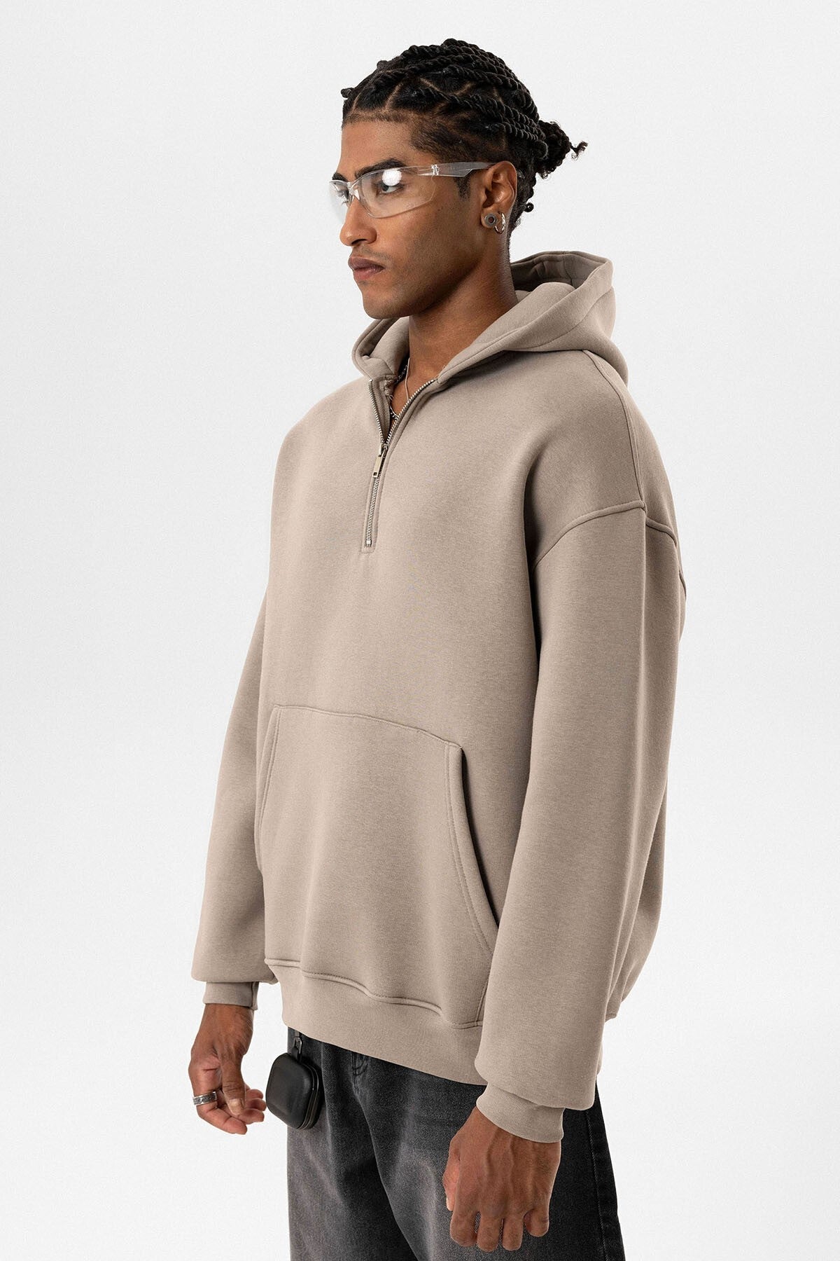 Basic Oversized Hooded Sweatshirt with Zipper Detail
