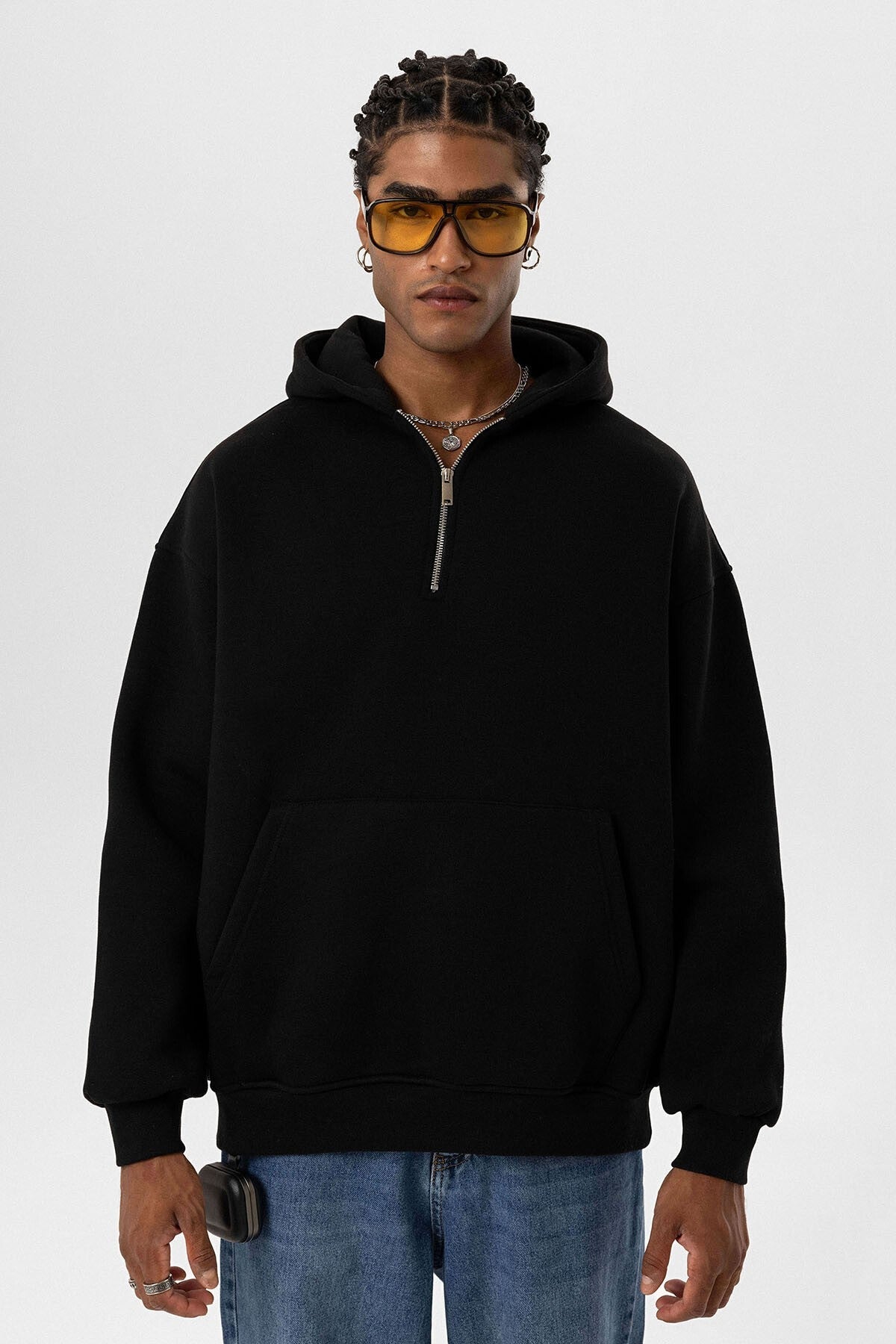 Basic Oversized Hooded Sweatshirt with Zipper Detail