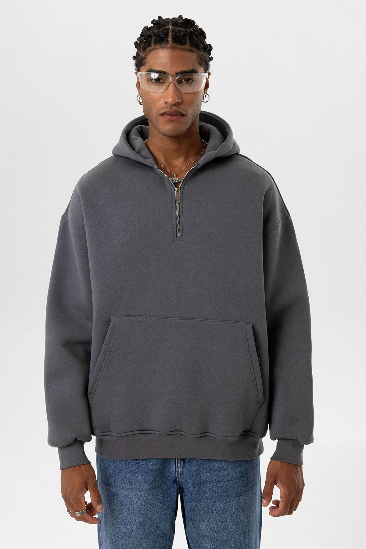 Basic Oversized Hooded Sweatshirt with Zipper Detail