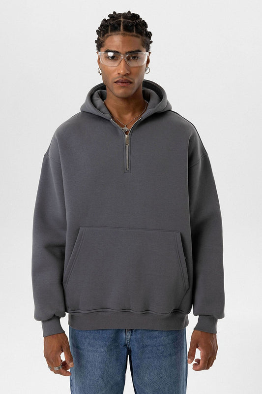 Basic Oversized Hooded Sweatshirt with Zipper Detail