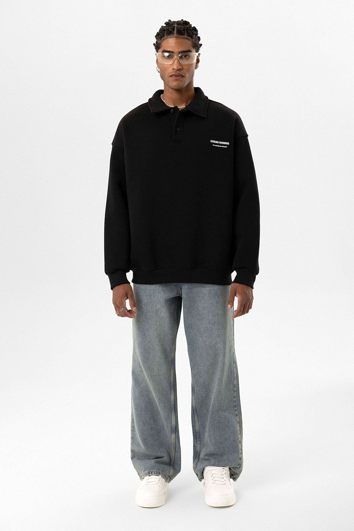 Oversized Printed Polo-Neck Sweatshirt